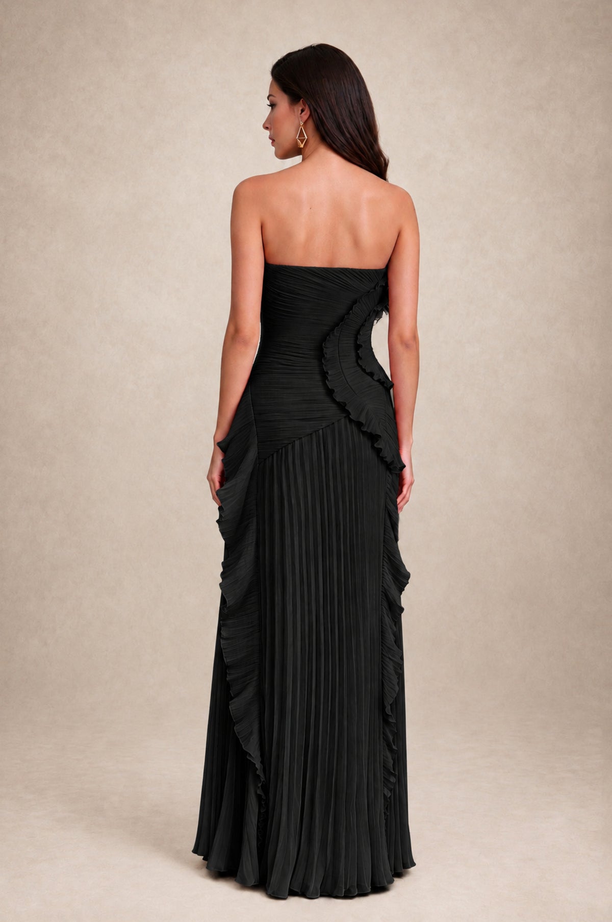 BOLODOO Black Strapless Ruffle Pleated Slit Evening Gown - Black - Black_2