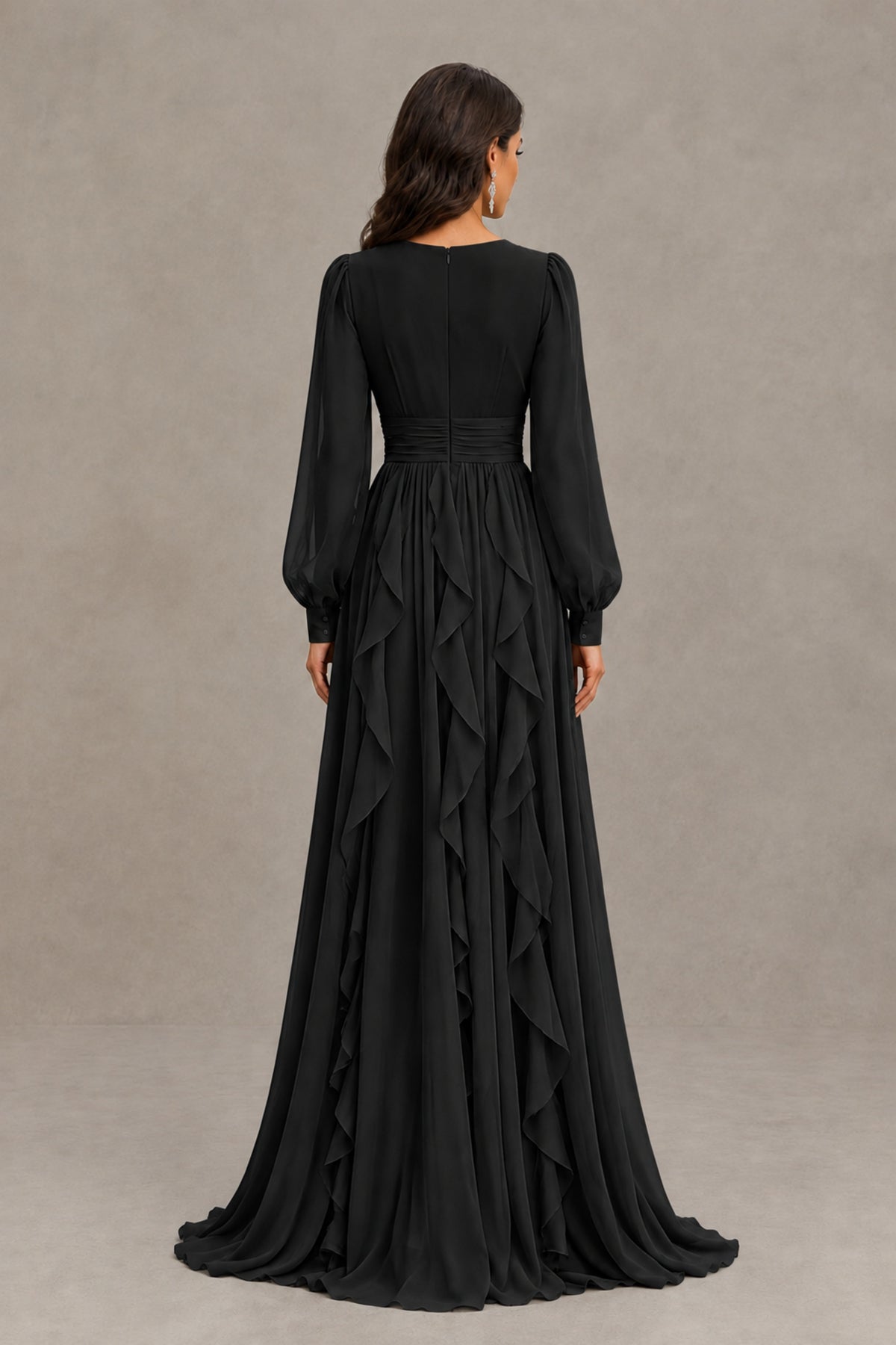 BOLODOO Black Long Sleeve V-Neck Ruffle Maxi Dress - Black