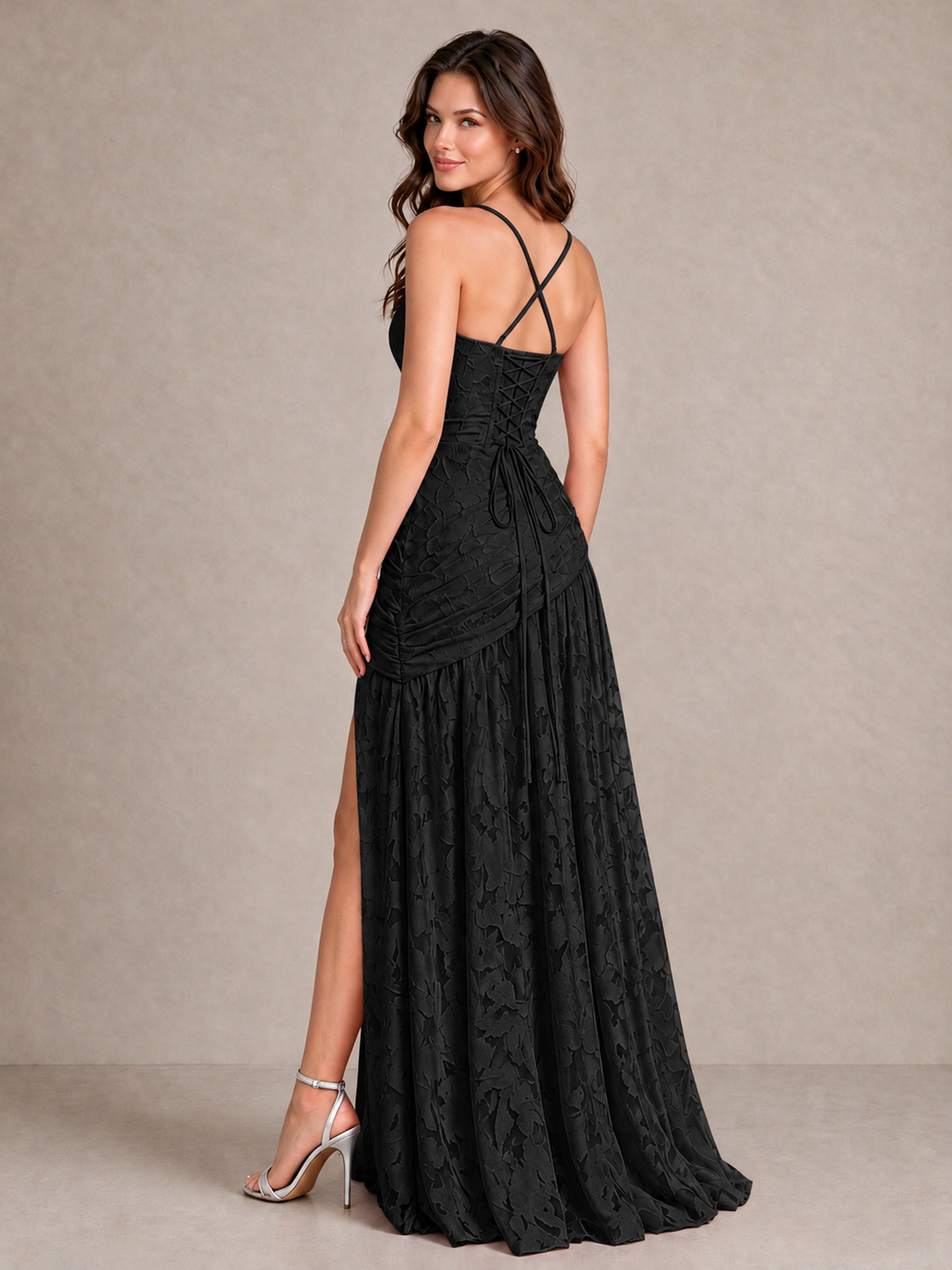 BOLODOO Black Floral Jacquard Bridesmaid Dress with Square Neck, Lace-Up Back & High Slit - Black - Black_2