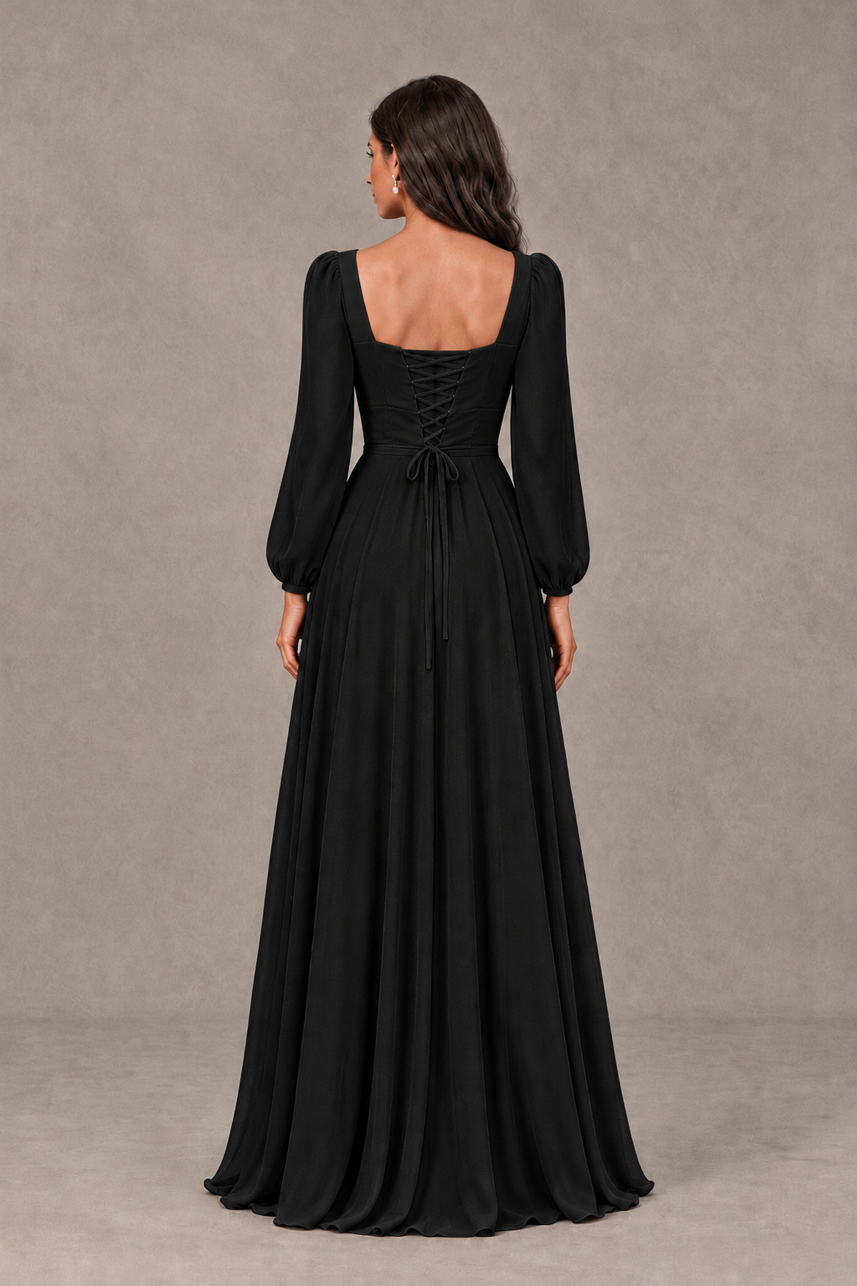 BOLODOO Black Square Neck Long Sleeve A-Line Bridesmaid Dress - Black - Black_2