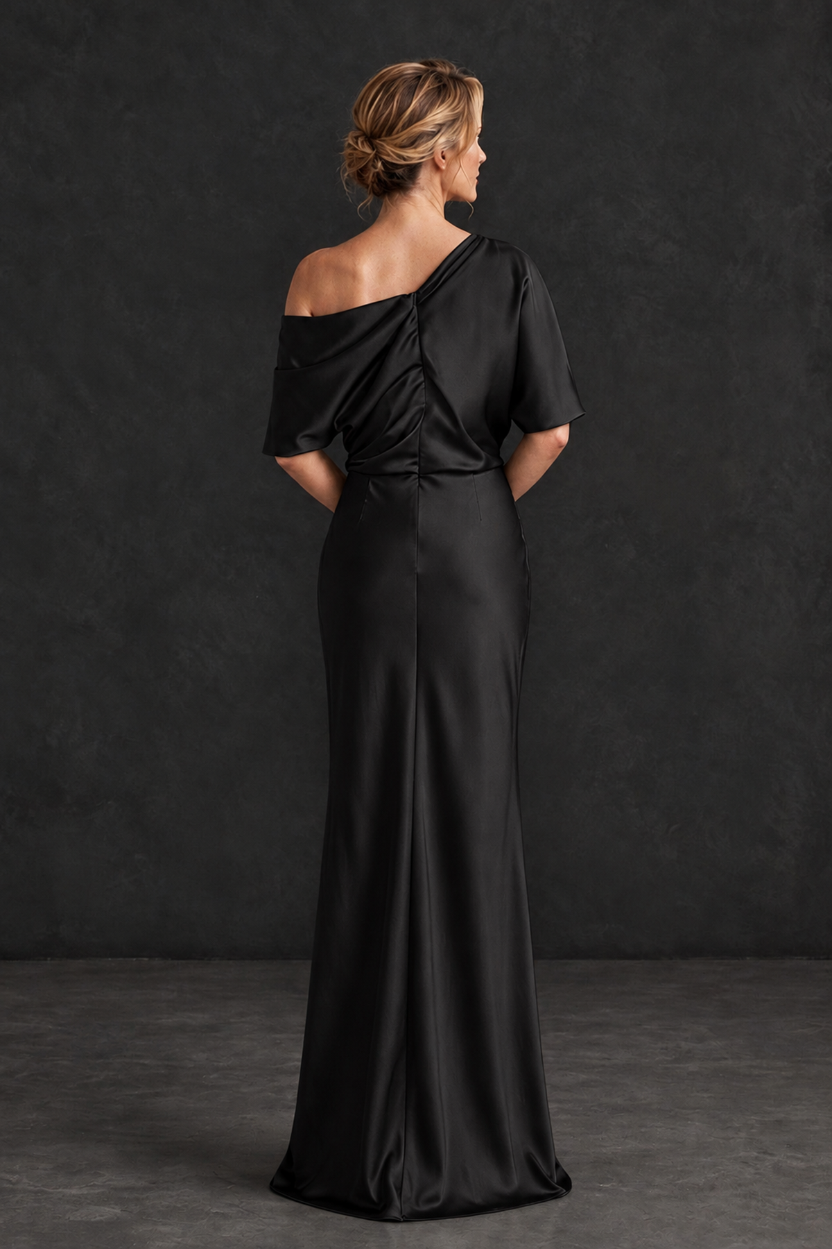 BOLODOO Black Satin Asymmetric Mother of the Bride Dress - Black - Black_2