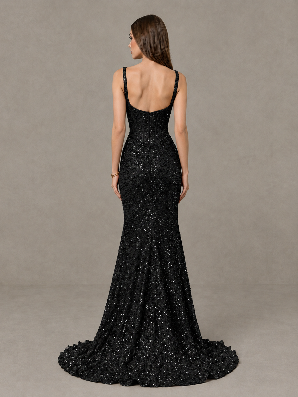 BOLODOO Black Sequin Corset Evening Gown with High Slit - Black - Black_2