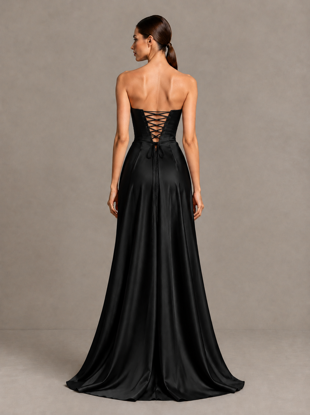 BOLODOO Black Strapless Satin High-Slit Lace-Up Prom Dress - Black - Black_2