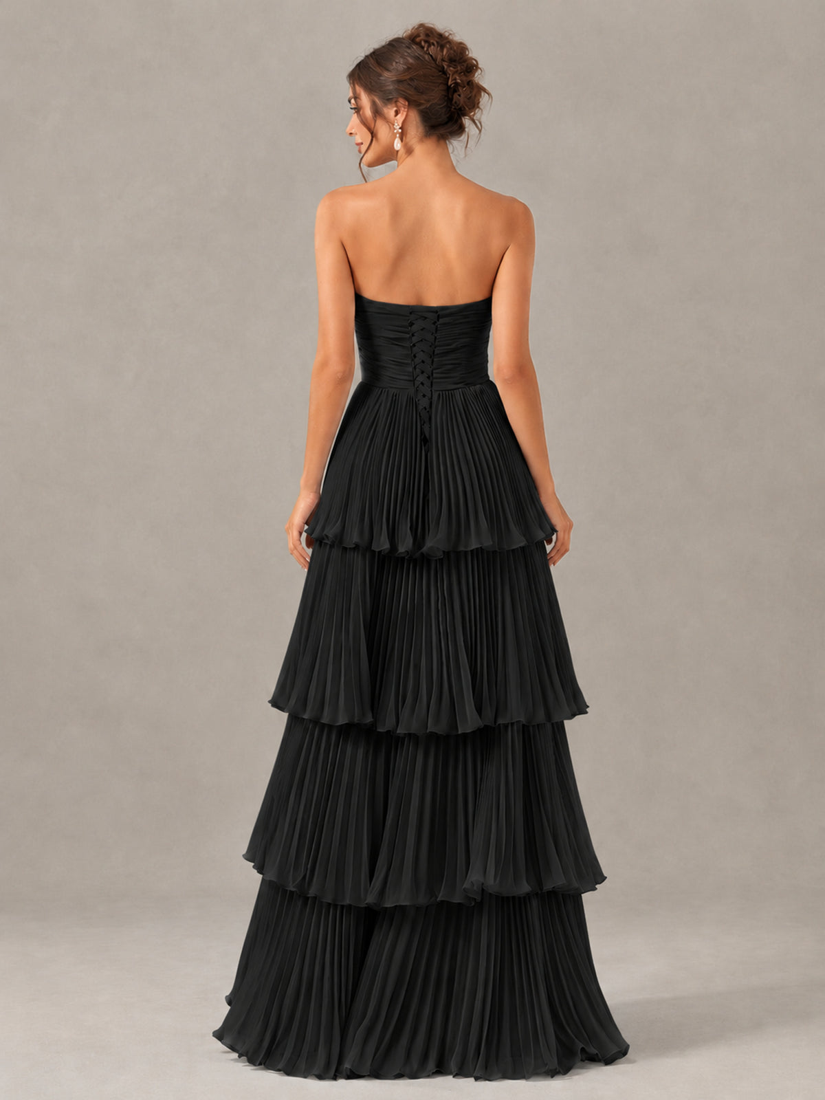 BOLODOO Black Strapless Tiered Pleated Bridesmaid Dress - Black - Black_2