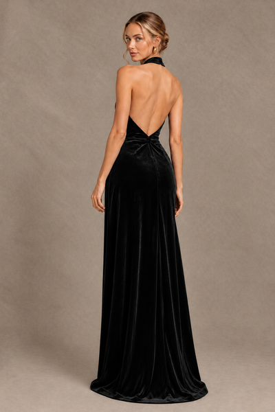BOLODOO Black Velvet Halter Open-Back Ruched Evening Dress - Black - Black_2