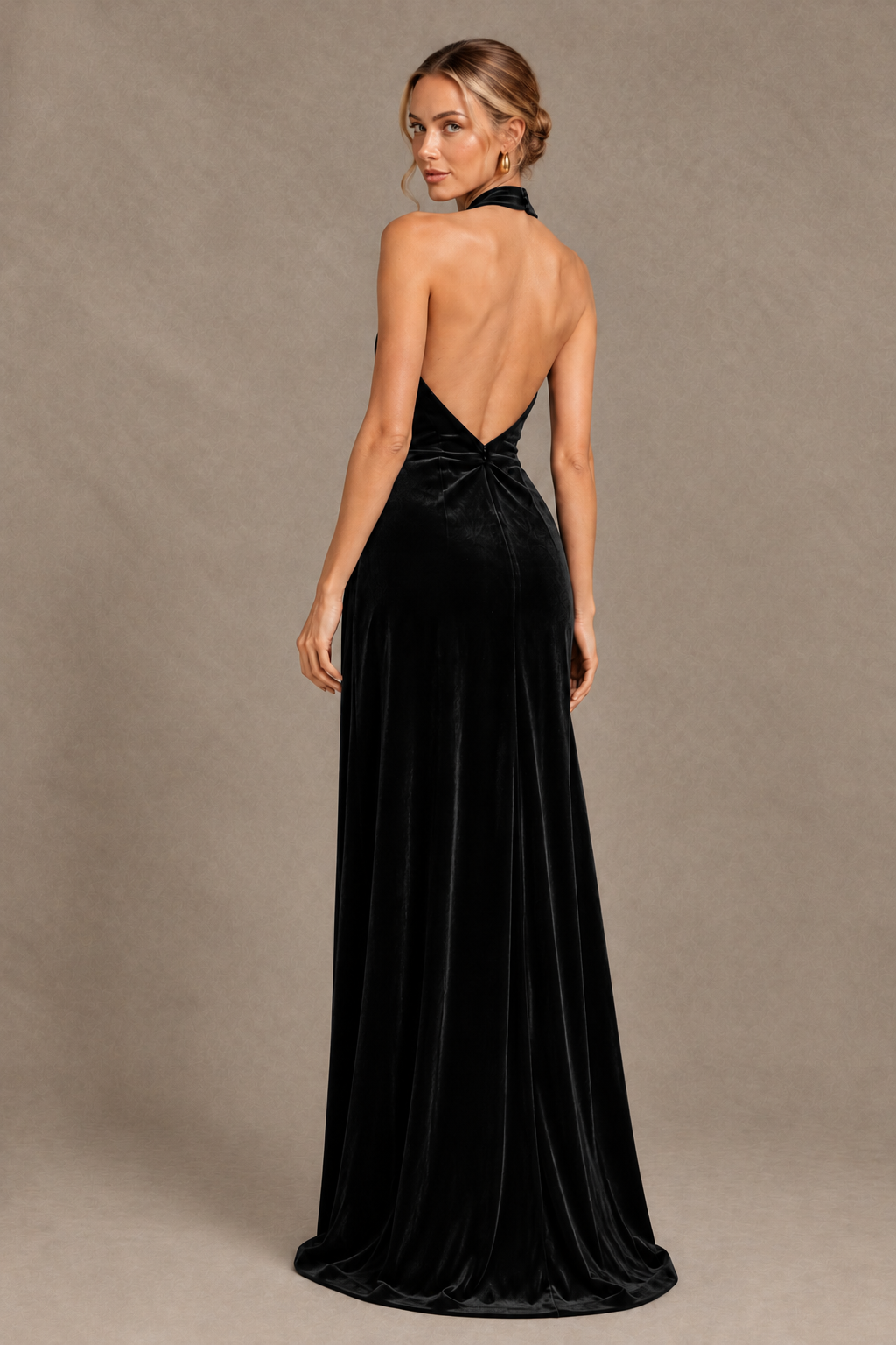 BOLODOO Black Velvet Halter Open-Back Ruched Evening Dress - Black - Black_2