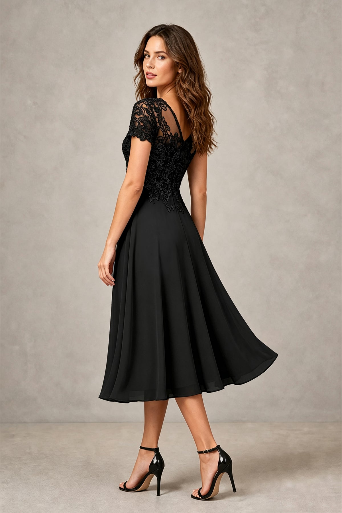 BOLODOO Steel Black Beaded Lace Illusion Bodice Chiffon Tea-Length Dress | Mother of the Bride & Cocktail Party - Black