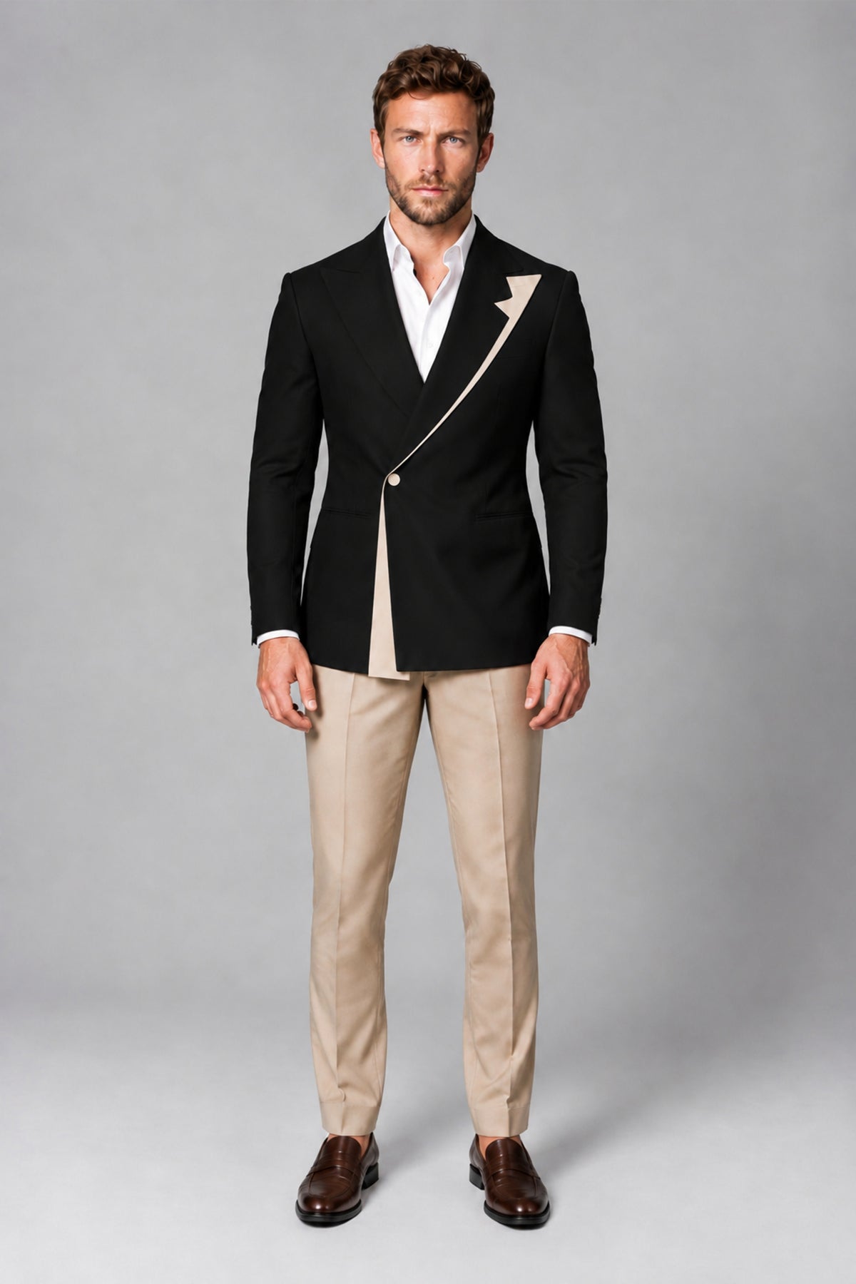 BOLODOO Men's Black Double-Breasted Blazer & Khaki Trousers Tuxedo 2-Piece Suit Set - Black - Black_2