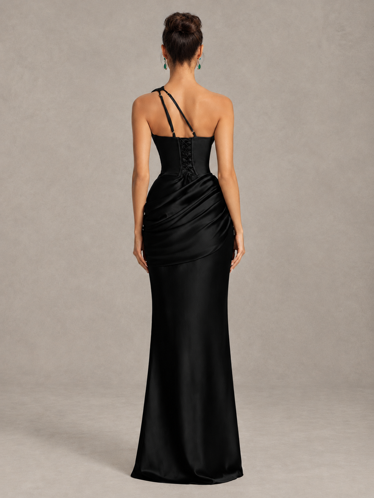 BOLODOO Black One-Shoulder Cutout Satin Mermaid Prom Dress - Black - Black_2