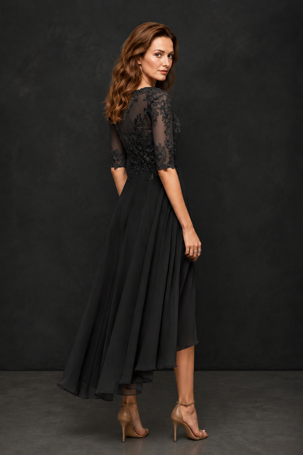 BOLODOO Black Illusion Lace 3/4 Sleeve Hi-Lo Chiffon A-Line Dress | Mother of the Bride Tea Length Dress - Black