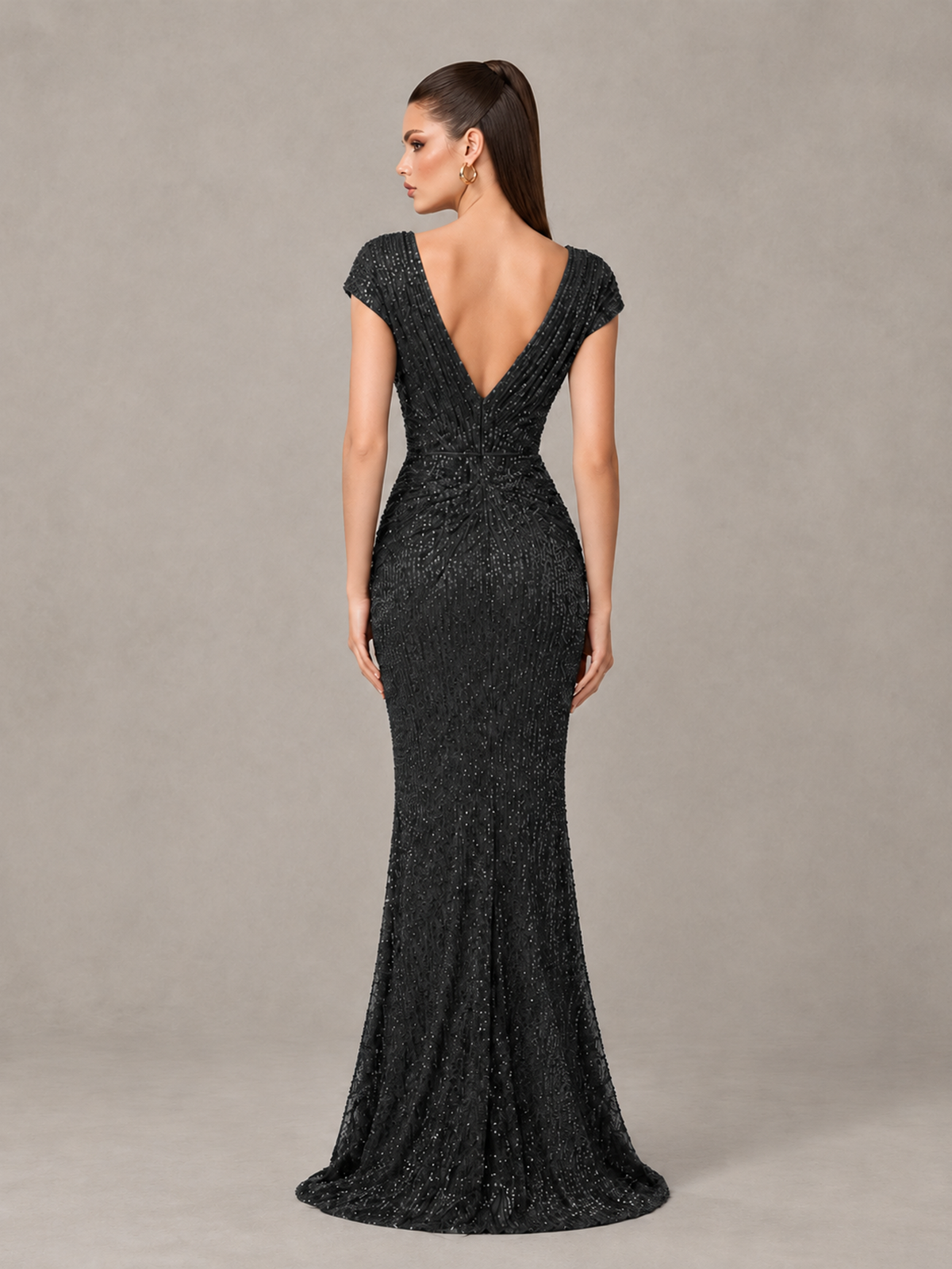 BOLODOO Black Glitter V-Neck Cap Sleeve Ruched Mermaid Evening Gown - Black - Black_2