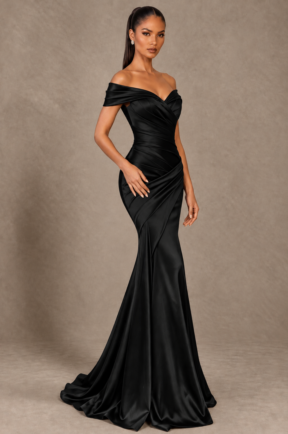 BOLODOO Black Off-the-Shoulder Ruched Satin Mermaid Evening Dress - Black - Black_2