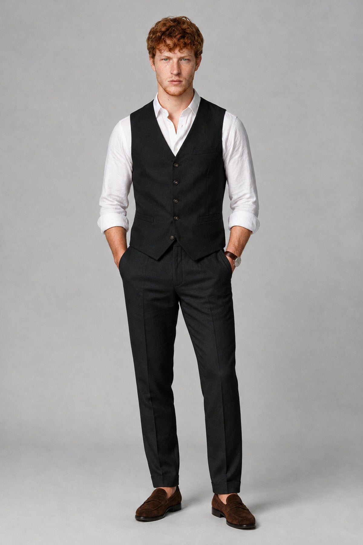 Bolodoo Men's Black 2-Piece Vest and Pants Set with V-Neck Waistcoat - Black - Black_2
