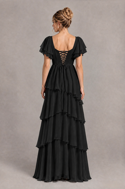 BOLODOO Black Square Neck Flutter Sleeve Tiered Chiffon Bridesmaid Dress with Lace-Up Back - Black - Black_2