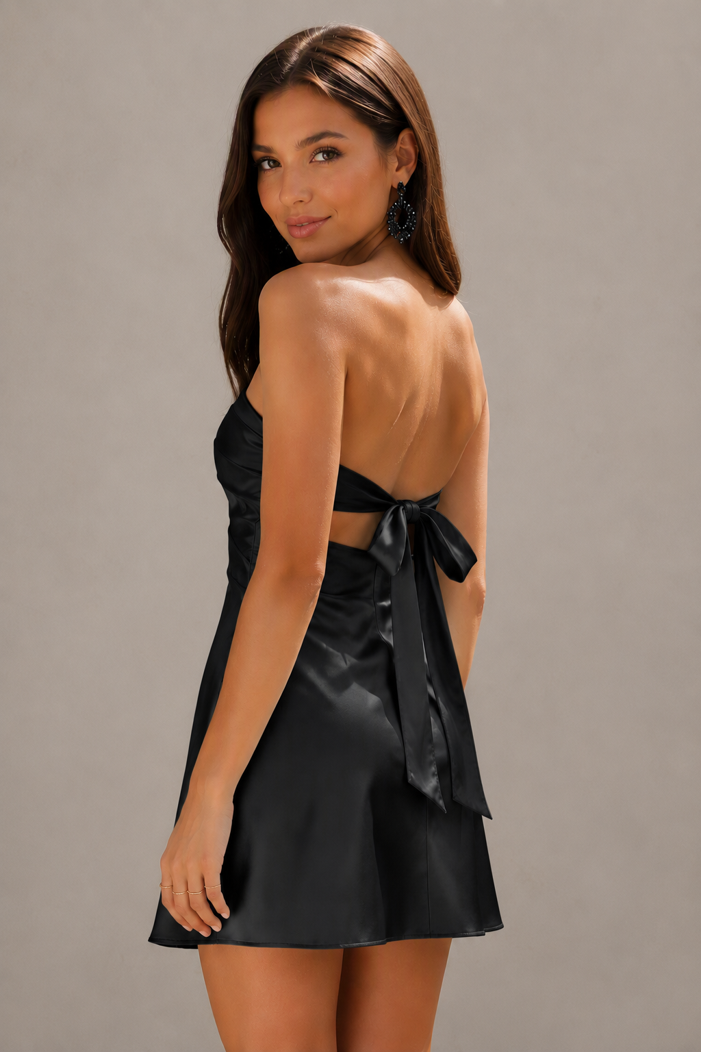 BOLODOO Mint Black Satin Strapless Twist Cutout Mini Dress with Bow-Tie Open Back - Black