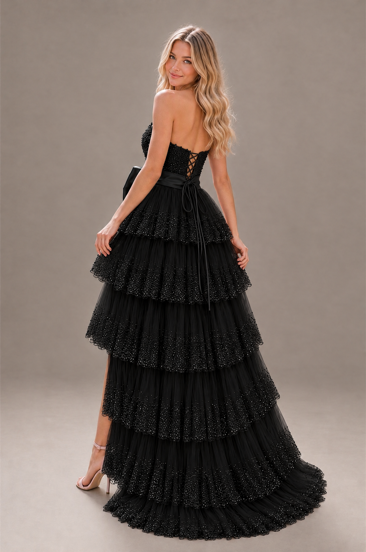 BOLODOO Black Strapless Tiered Tulle Prom Dress with Bow - Black - Black_2