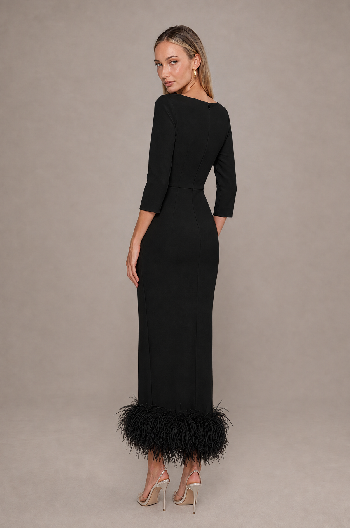 BOLODOO Black Feather-Trim Twist-Waist Midi Dress - Black - Black_2