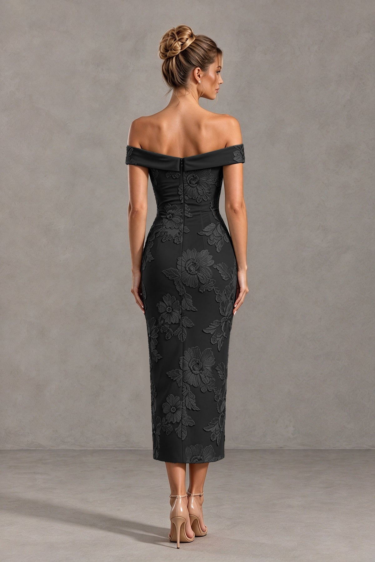 BOLODOO Black Off Shoulder Floral Jacquard Midi Dress - Black - Black(2)