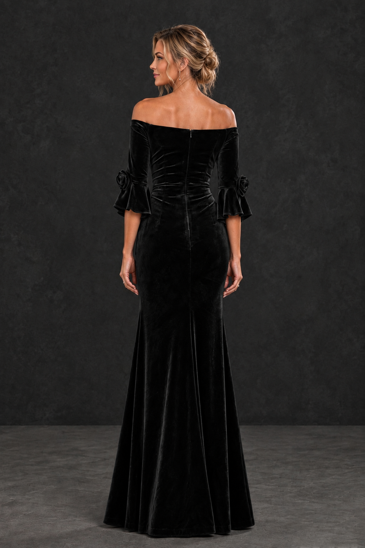 BOLODOO Black Velvet Off-Shoulder Mother of the Bride Dress – 3/4 Floral Cuff Sleeve Mermaid Evening Gown - Black - Black_2
