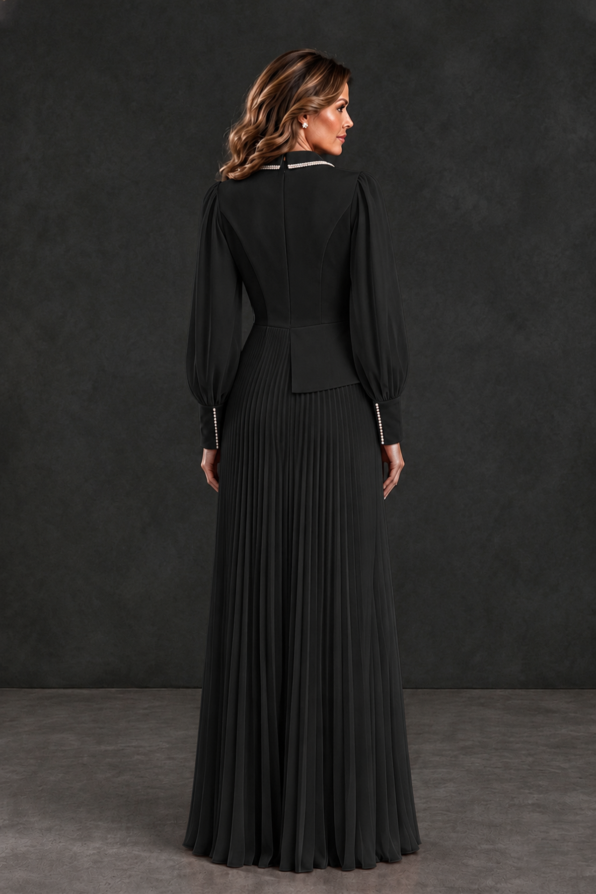 BOLODOO Black Long Sleeve Pleated Mother of the Bride Dress - Black - Black_2