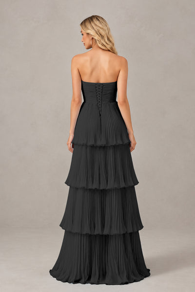BOLODOO Black Strapless Tiered Chiffon Maxi Dress - Black