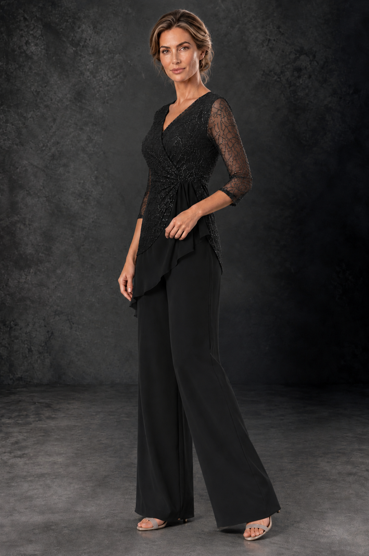 BOLODOO Black Sequin Lace 3/4 Sleeve Chiffon Mother of the Bride Pant Suit - Black - Black_2