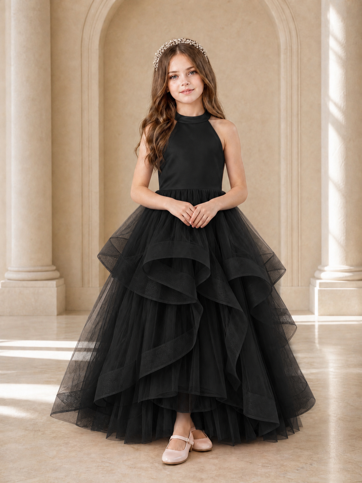 BOLODOO Black Halter Tiered Tulle Flower Girl Dress with Bow Back - Black - Black_2
