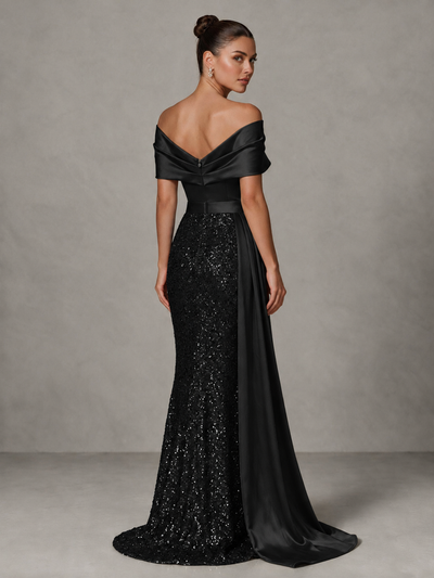 BOLODOO Black Sequin Mermaid Evening Dress with Off-Shoulder Satin Drape and Sweep Train - Black - Black_2