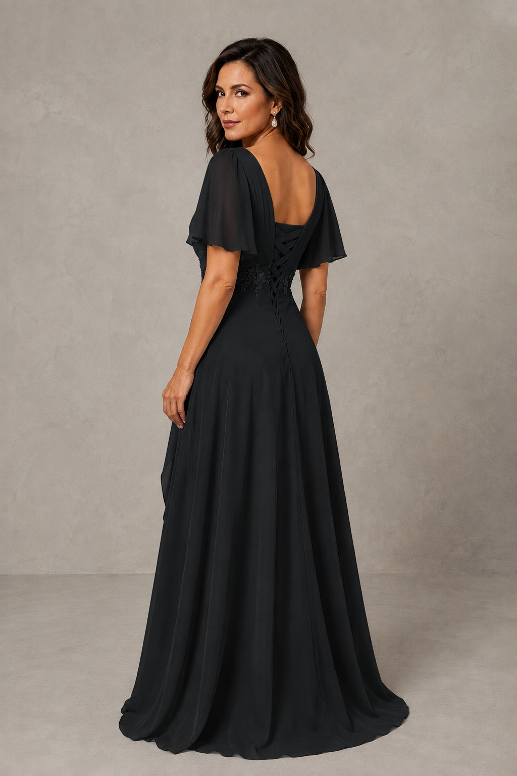 BOLODOO Black Chiffon V-Neck Flutter Sleeve Floral Applique Cascade Ruffle Lace-Up Back A-Line Maxi Evening Dress - Black