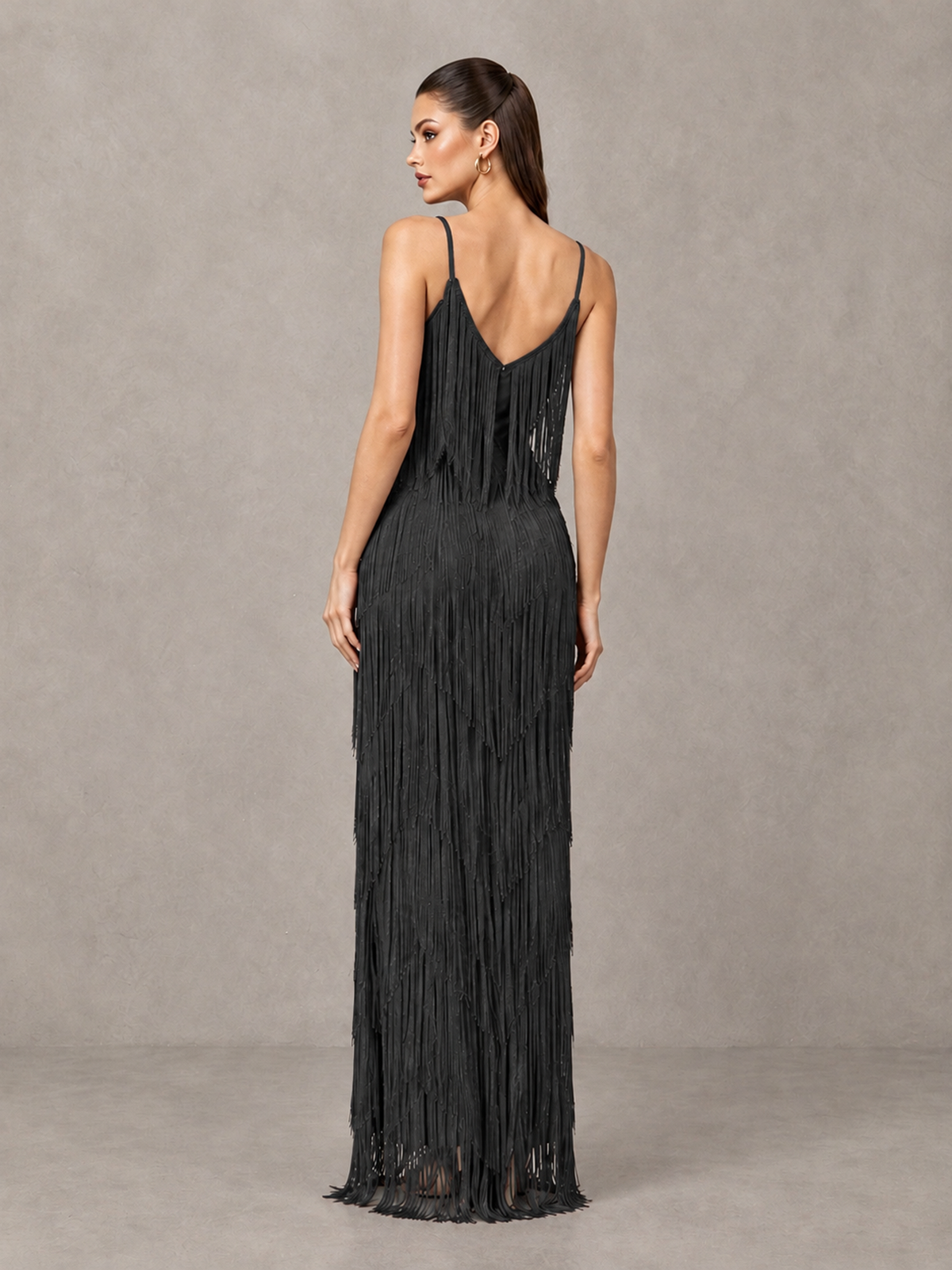 BOLODOO Black V-Neck Spaghetti Strap Fringe Maxi Evening Dress - Black - Black_2