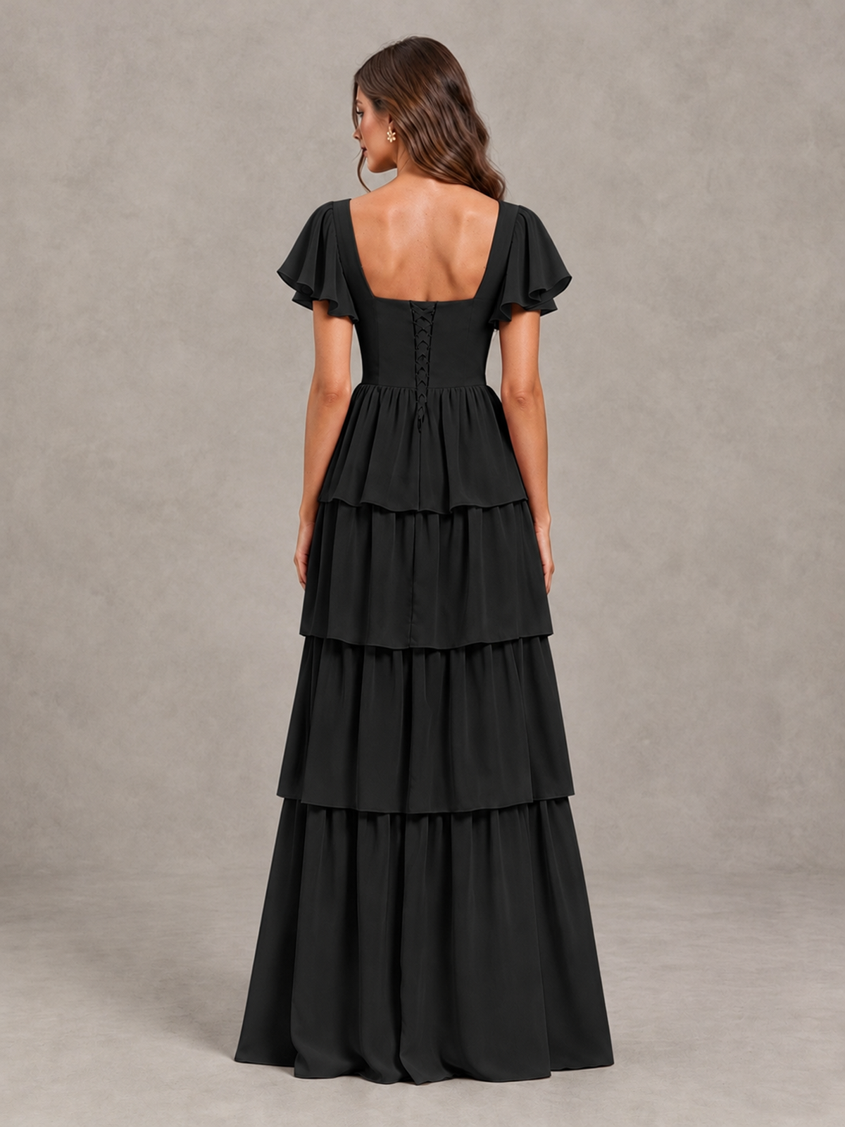 BOLODOO Black Flutter Sleeve Tiered Maxi Bridesmaid Dress - Black - Black_2