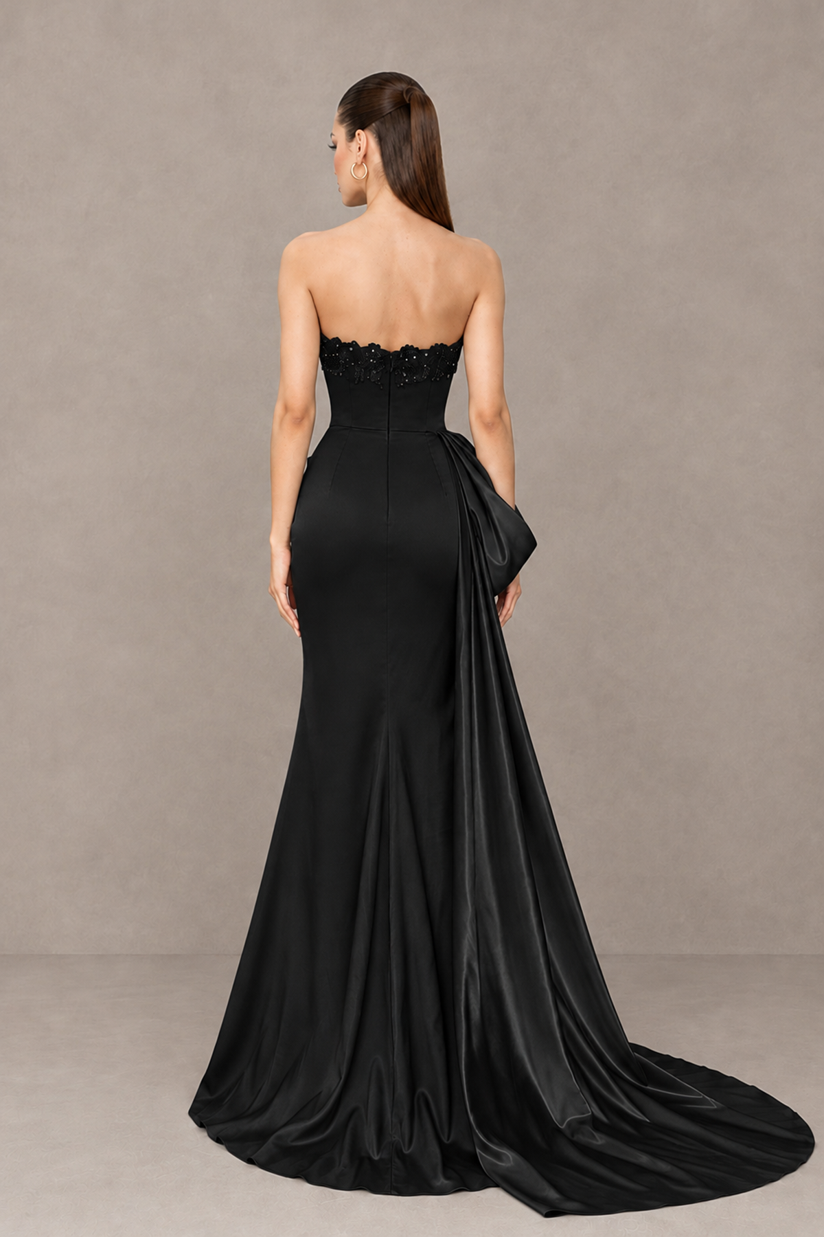 BOLODOO Black Strapless Satin Prom Dress with Draped Side Train - Black - Black_2