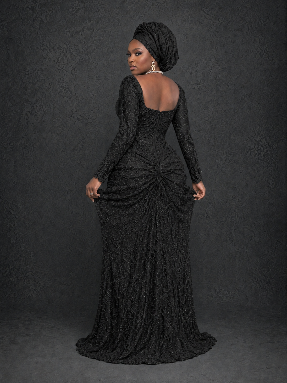 BOLODOO Black Beaded Lace Long Sleeve Mermaid Gown Sweetheart | Mother of the Bride - Black - Black_2