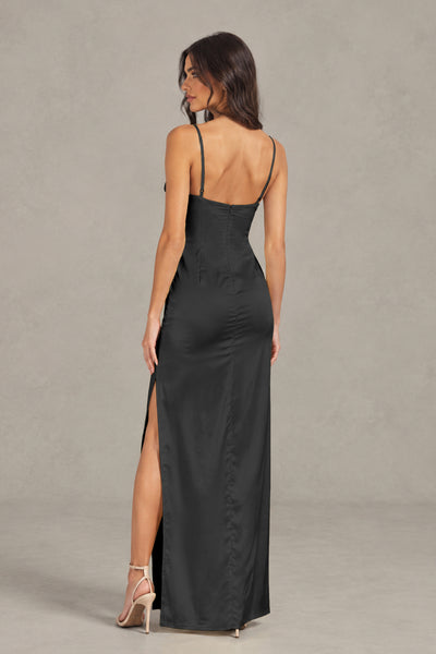 BOLODOO Black Satin Cowl Neck Open Back Mermaid Maxi Dress with Side Slit - Black