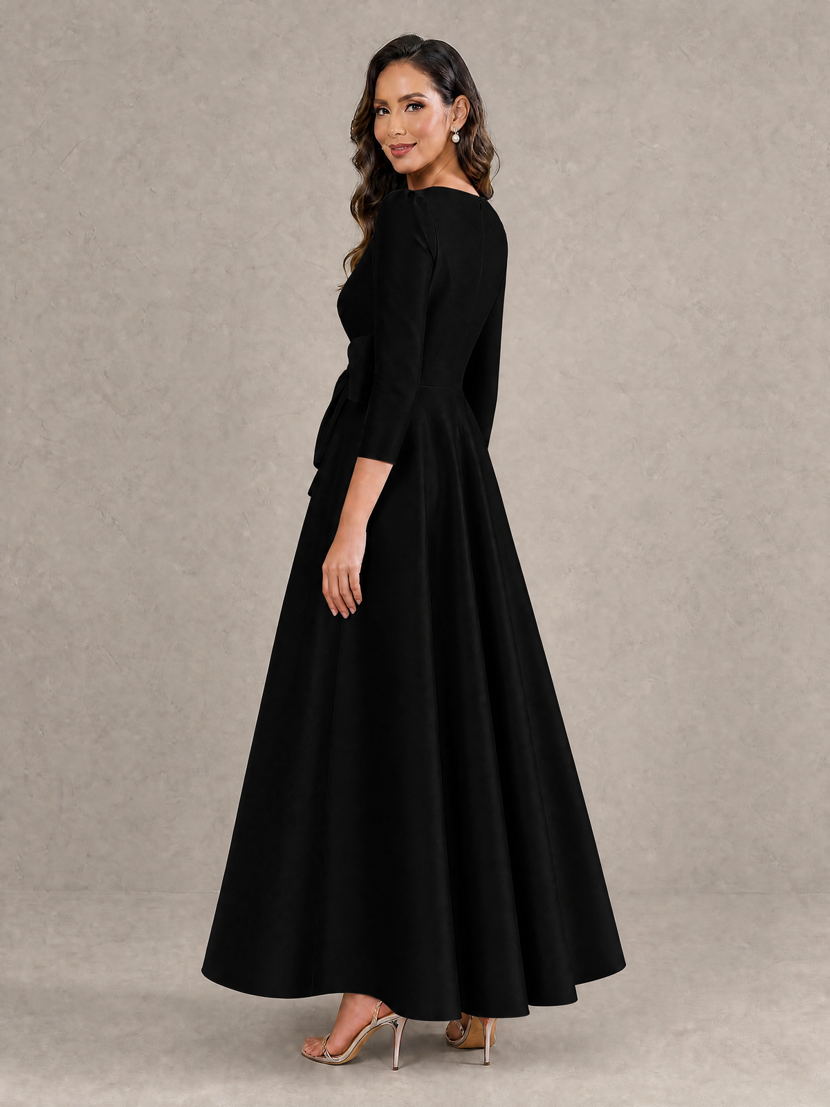 BOLODOO Black Satin Deep V-Neck Wrap 3/4 Puff Sleeve A-Line Ball Gown Maxi Dress with Oversized Bow Belt - Black
