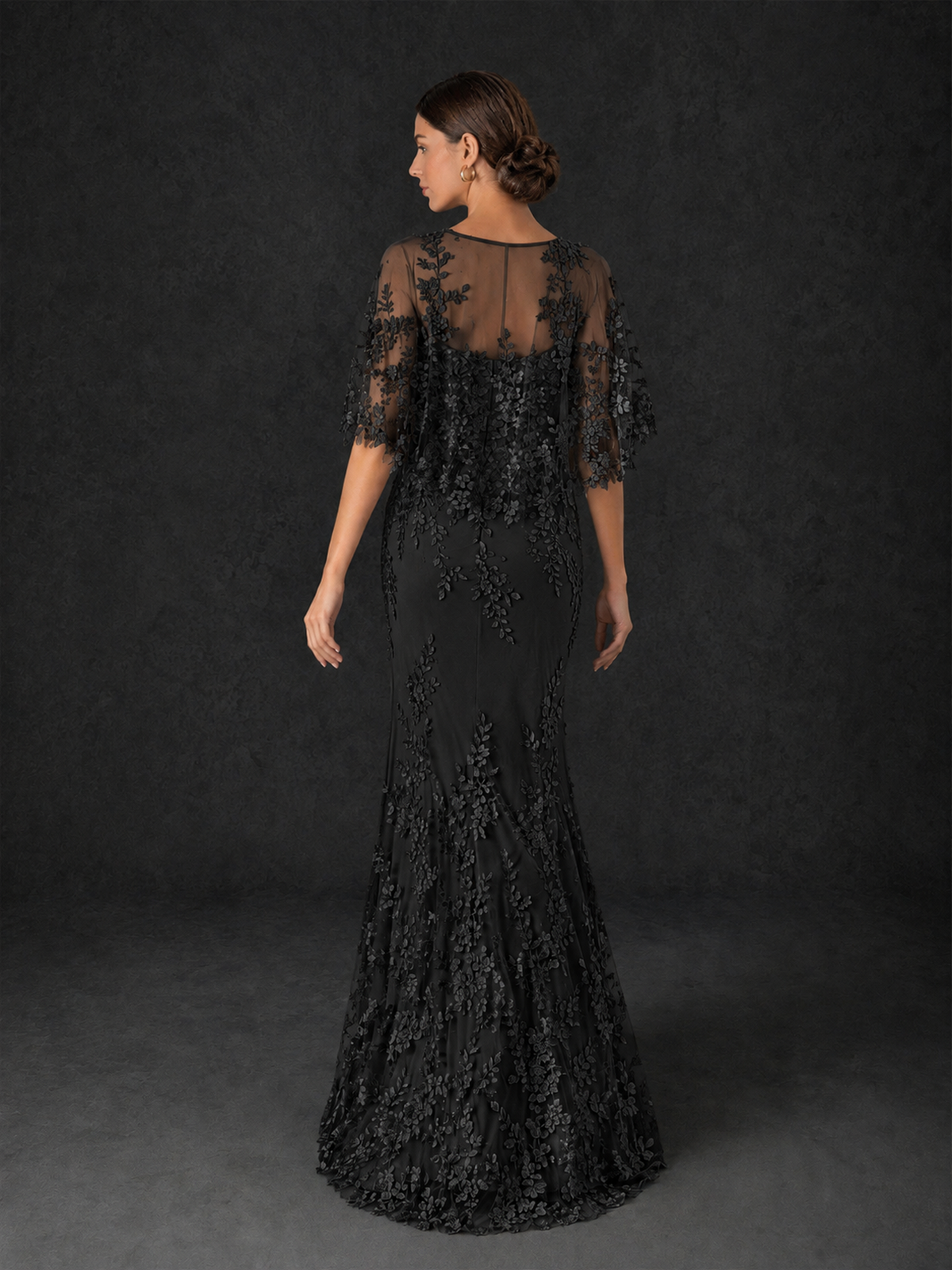 BOLODOO Mocha Black Botanical Lace Flutter Sleeve Mermaid Gown - Black