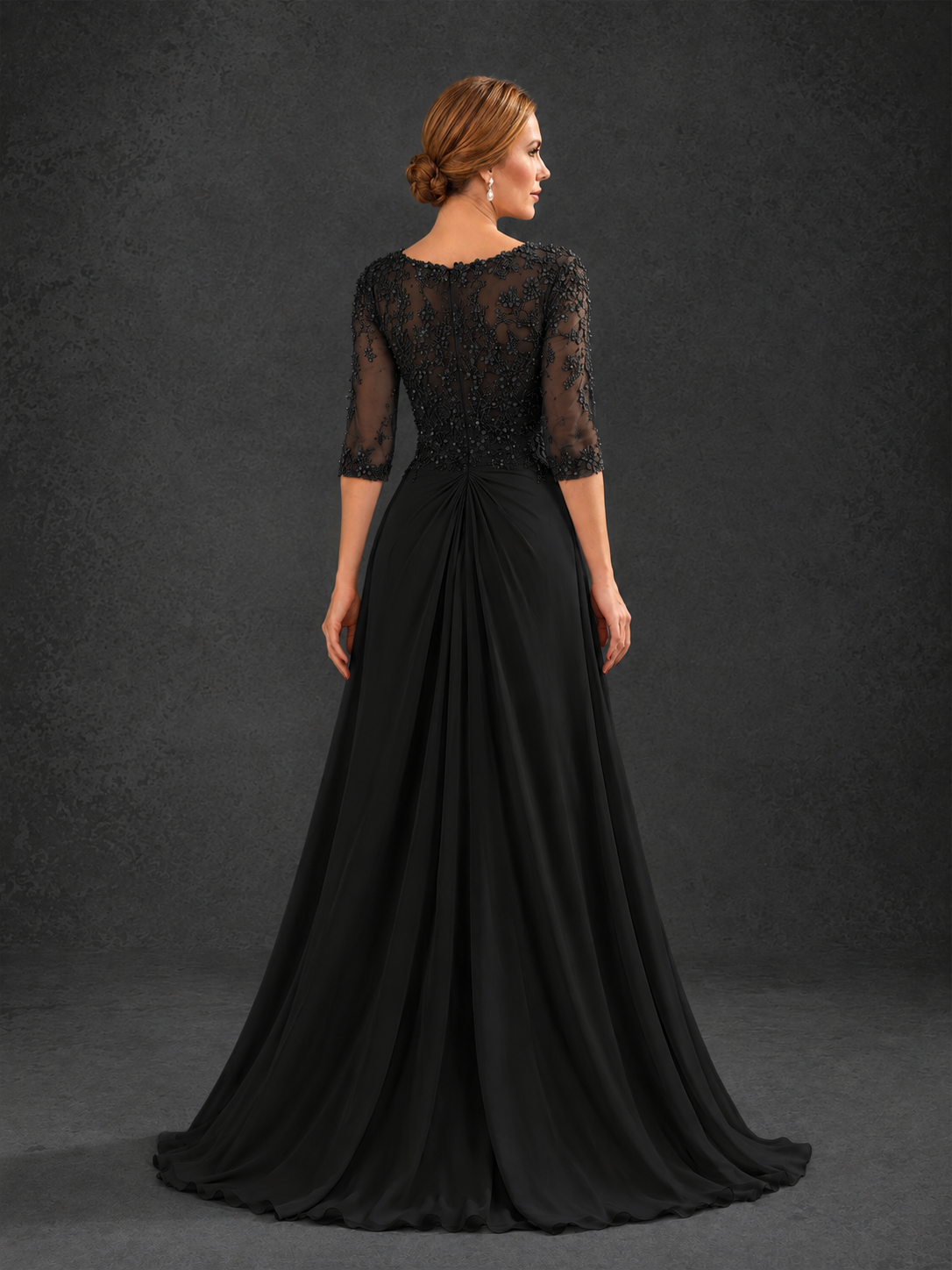 BOLODOO Black Sweetheart Neck 3/4 Sleeve Floral Lace Illusion Bodice Chiffon A-Line Gown - Black