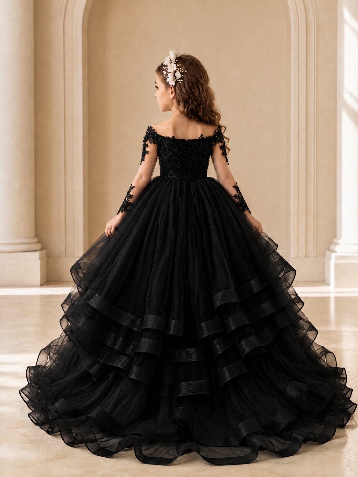 BOLODOO Black Lace Long Sleeve Tiered Flower Girl Dress - Black - Black_2