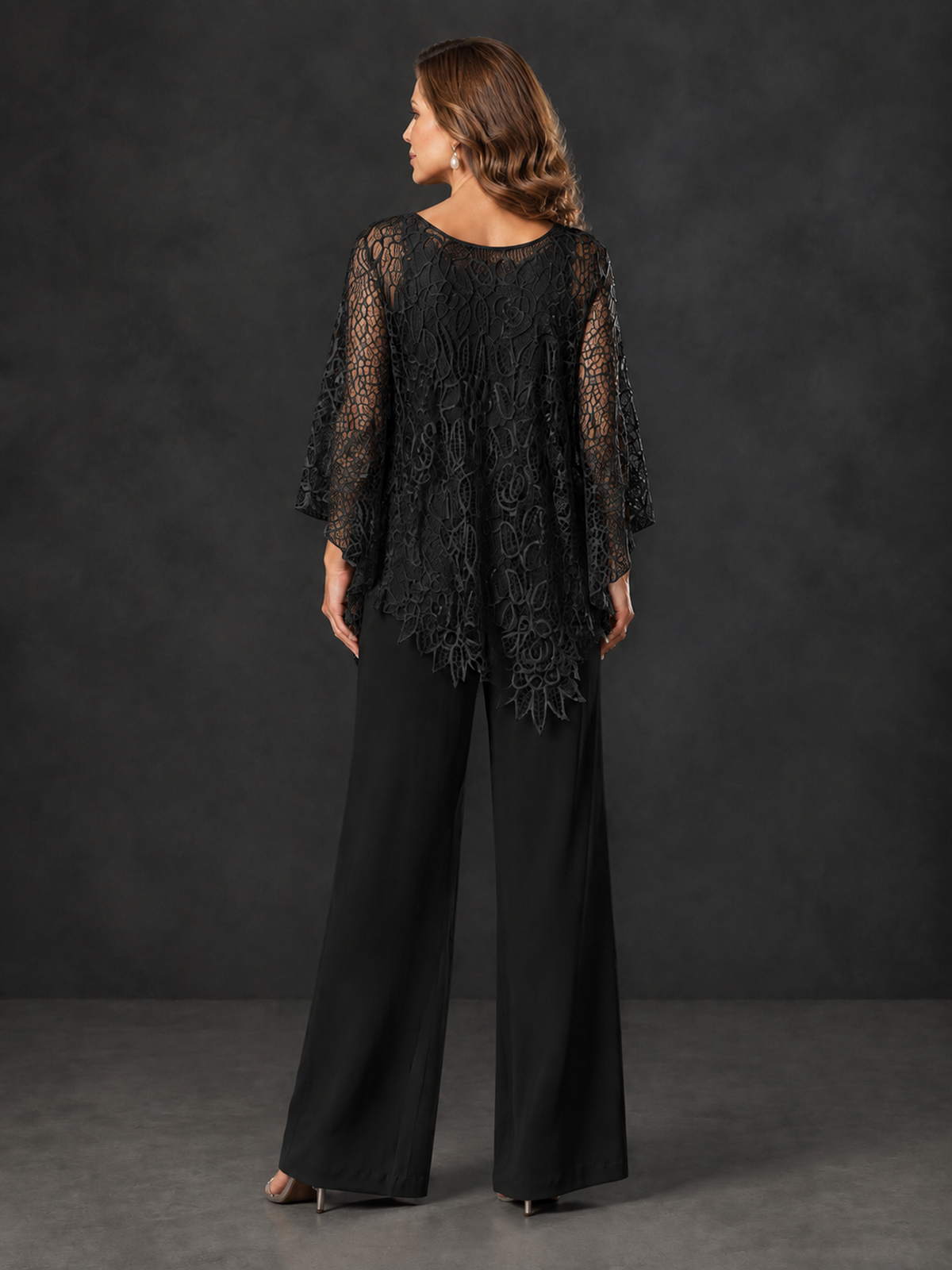 BOLODOO Black Lace Overlay Wide-Leg Pantsuit for Mothers of the Bride - Black
