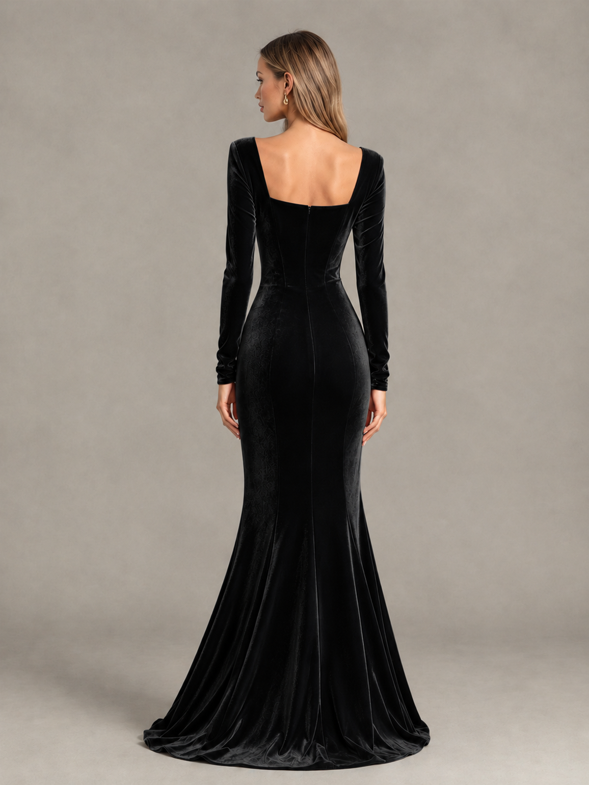 BOLODOO Black Velvet-Look Square Neck Long Sleeve Mermaid Evening Dress - Black - Black_2