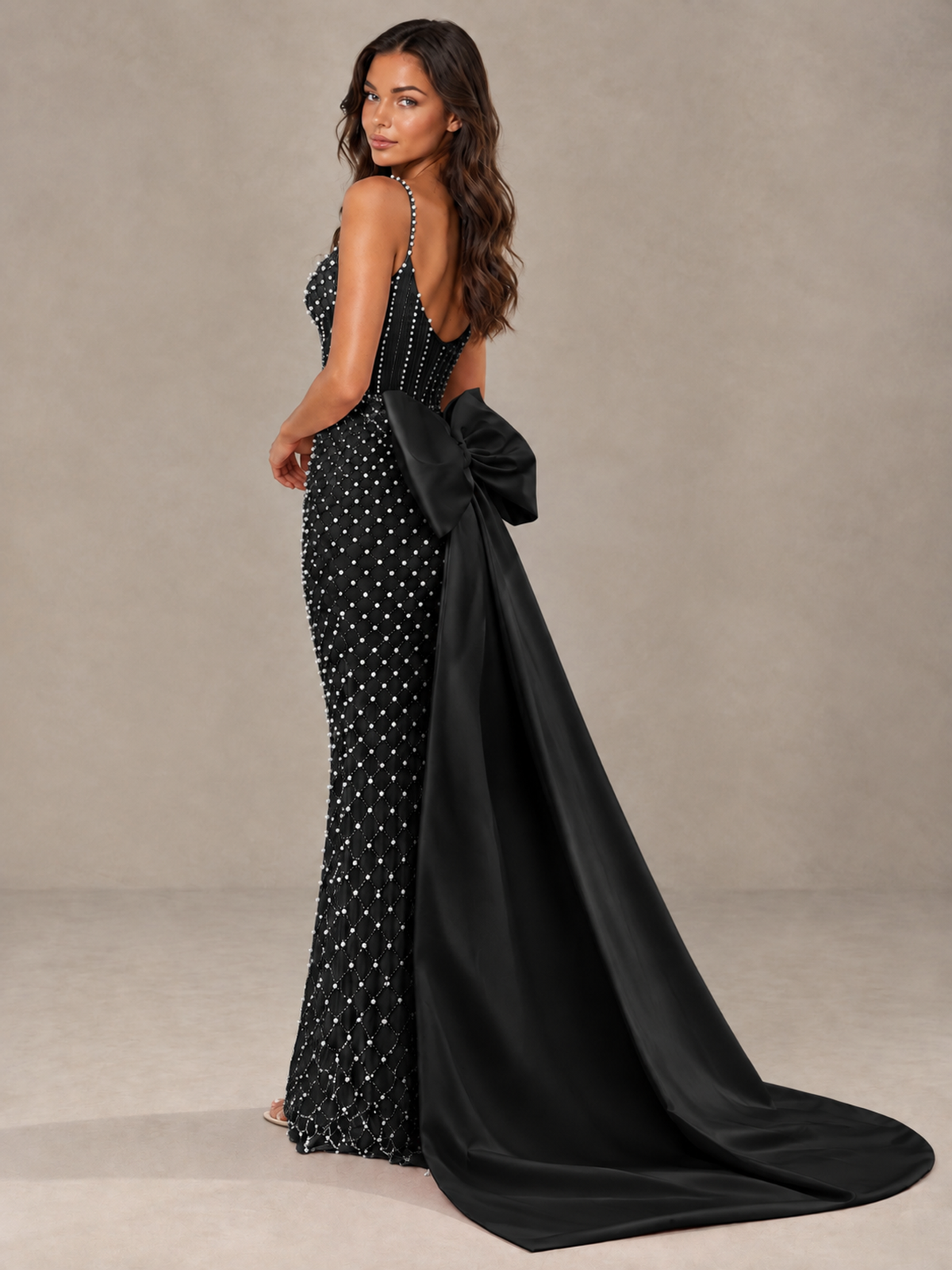 BOLODOO Black Beaded Corset Prom Dress with Bow Train - Black - Black_2