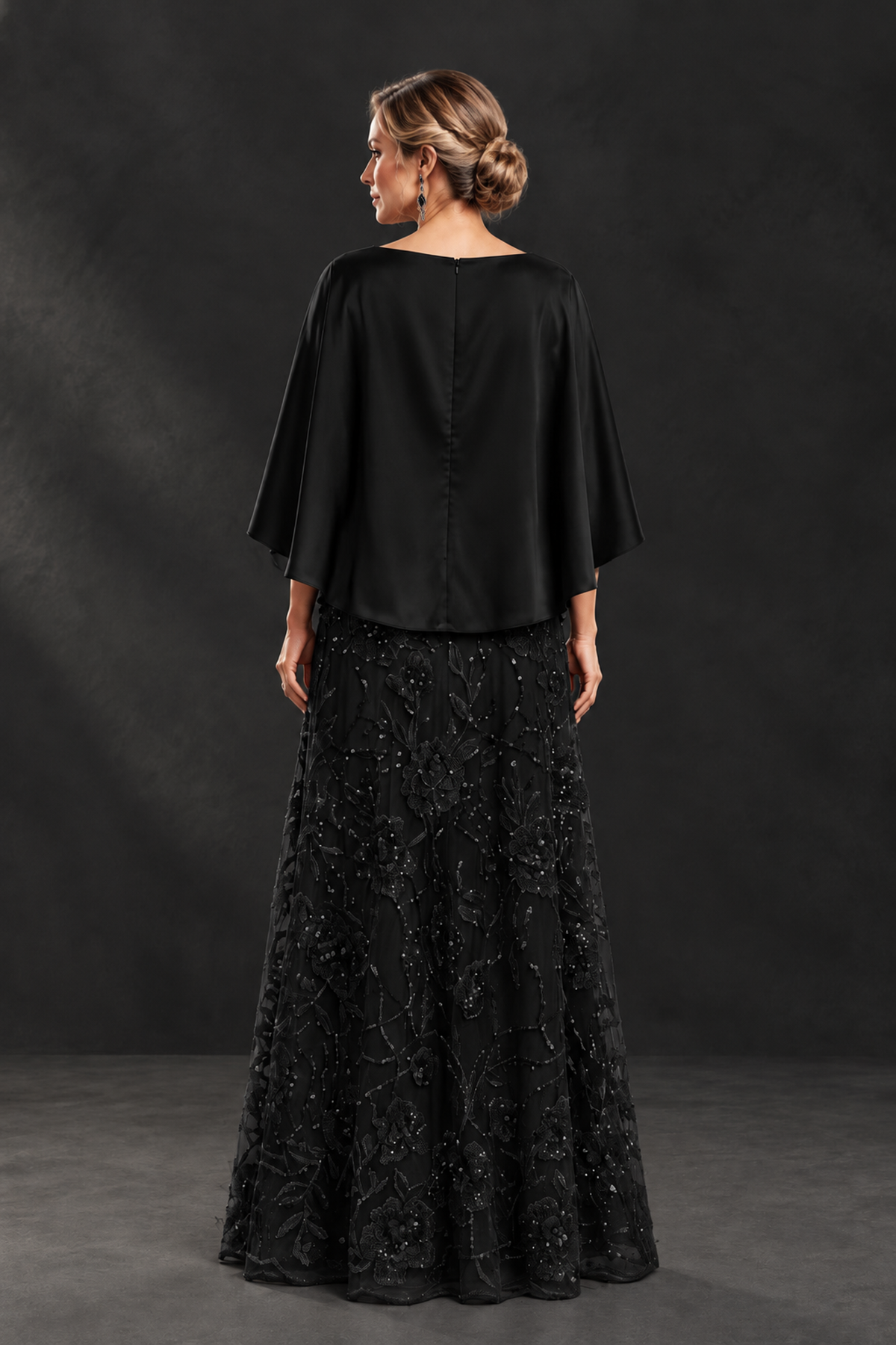 BOLODOO Black Cape Sleeve Floral Mother of the Bride Dress - Black - Black_2