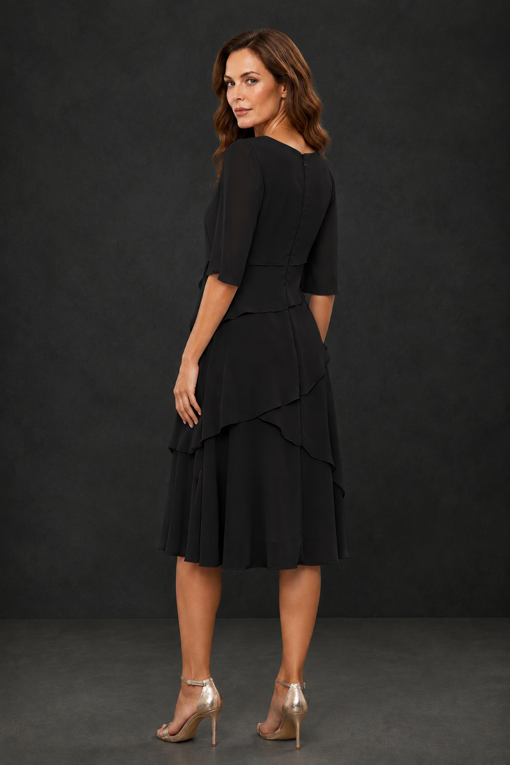 BOLODOO Black Chiffon 3/4 Sleeve Asymmetric Tiered Tea Length Dress | Mother of the Bride Midi Dress - Black