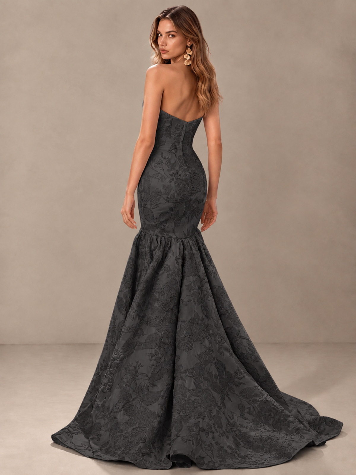 BOLODOO Black Floral Strapless Mermaid Prom Dress with Train - Black - Black_2