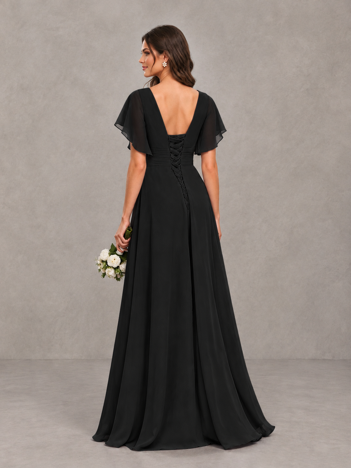 BOLODOO Black Flutter Sleeve V-Neck Bridesmaid Dress with Ruffle Slit - Black - Black_2