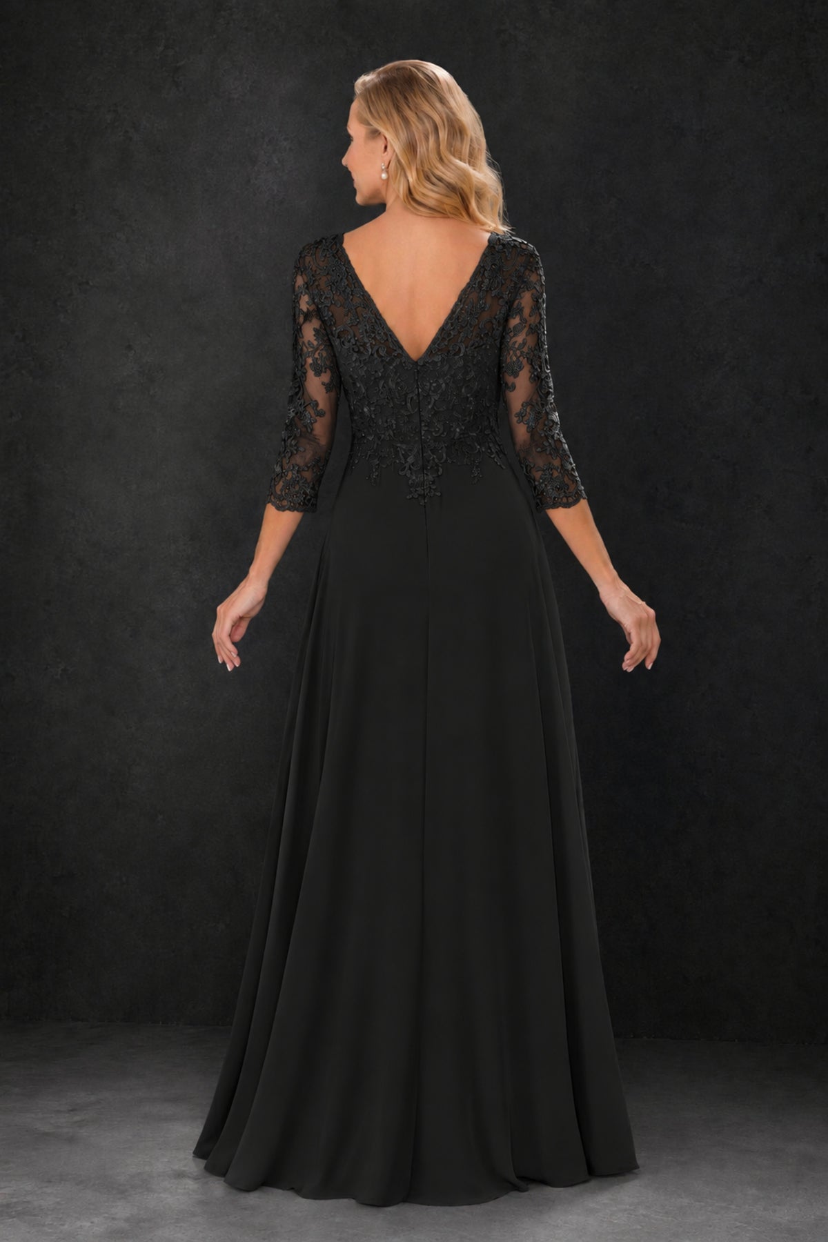 BOLODOO Black Lace Embroidered Mother of the Bride Dress with 3/4 Sleeves - Black