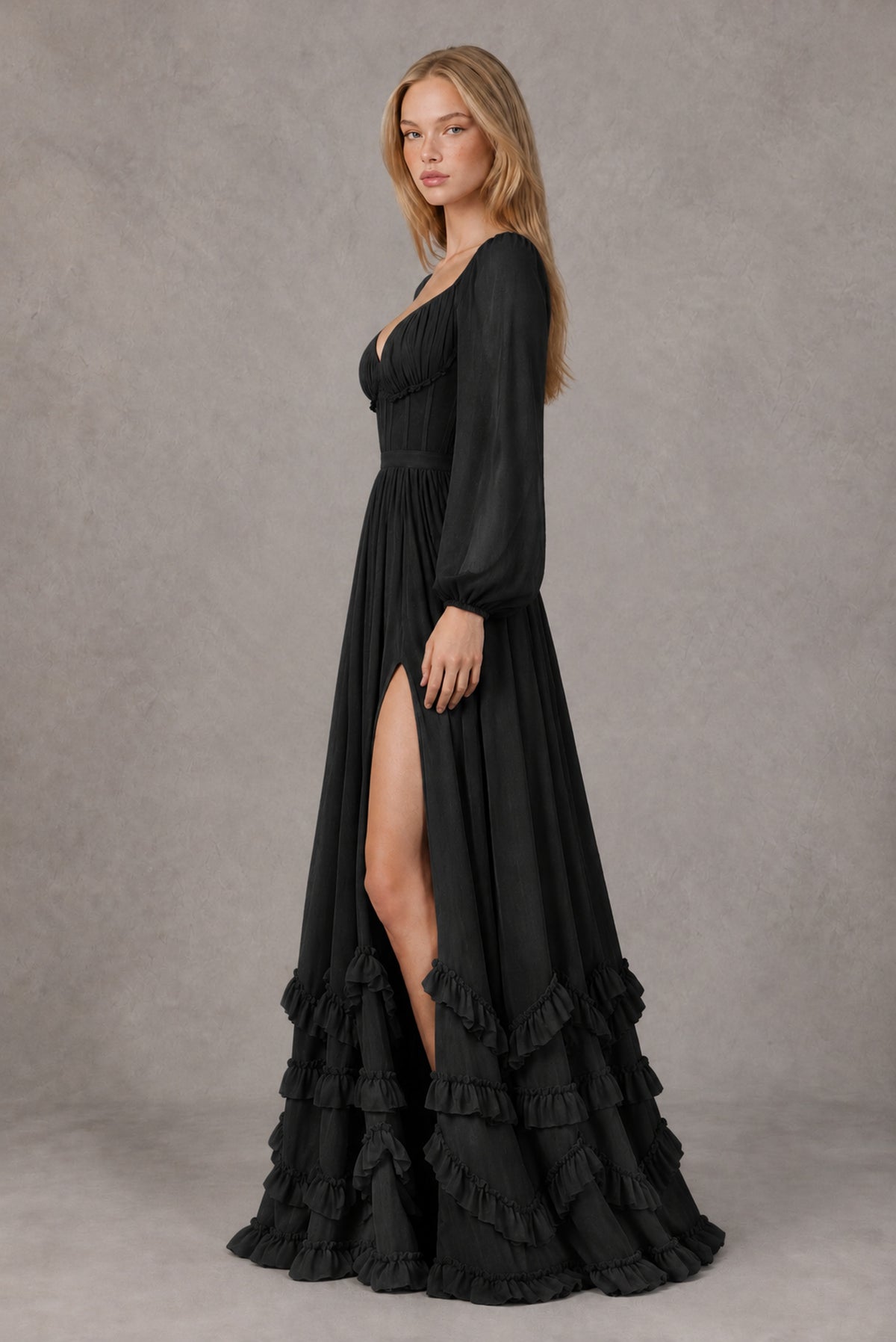 Black Long-Sleeve Ruffle Maxi Dress with Lace-Up Back and Slit - Black