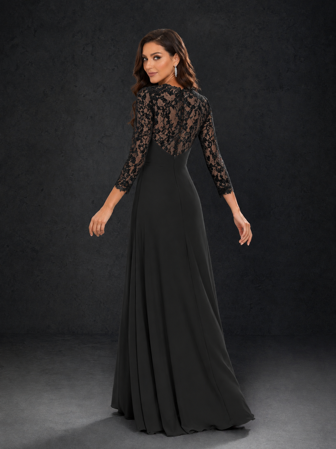 BOLODOO Black Lace Sleeve V-Neck Floral Waist Chiffon A-Line Maxi Dress - Black