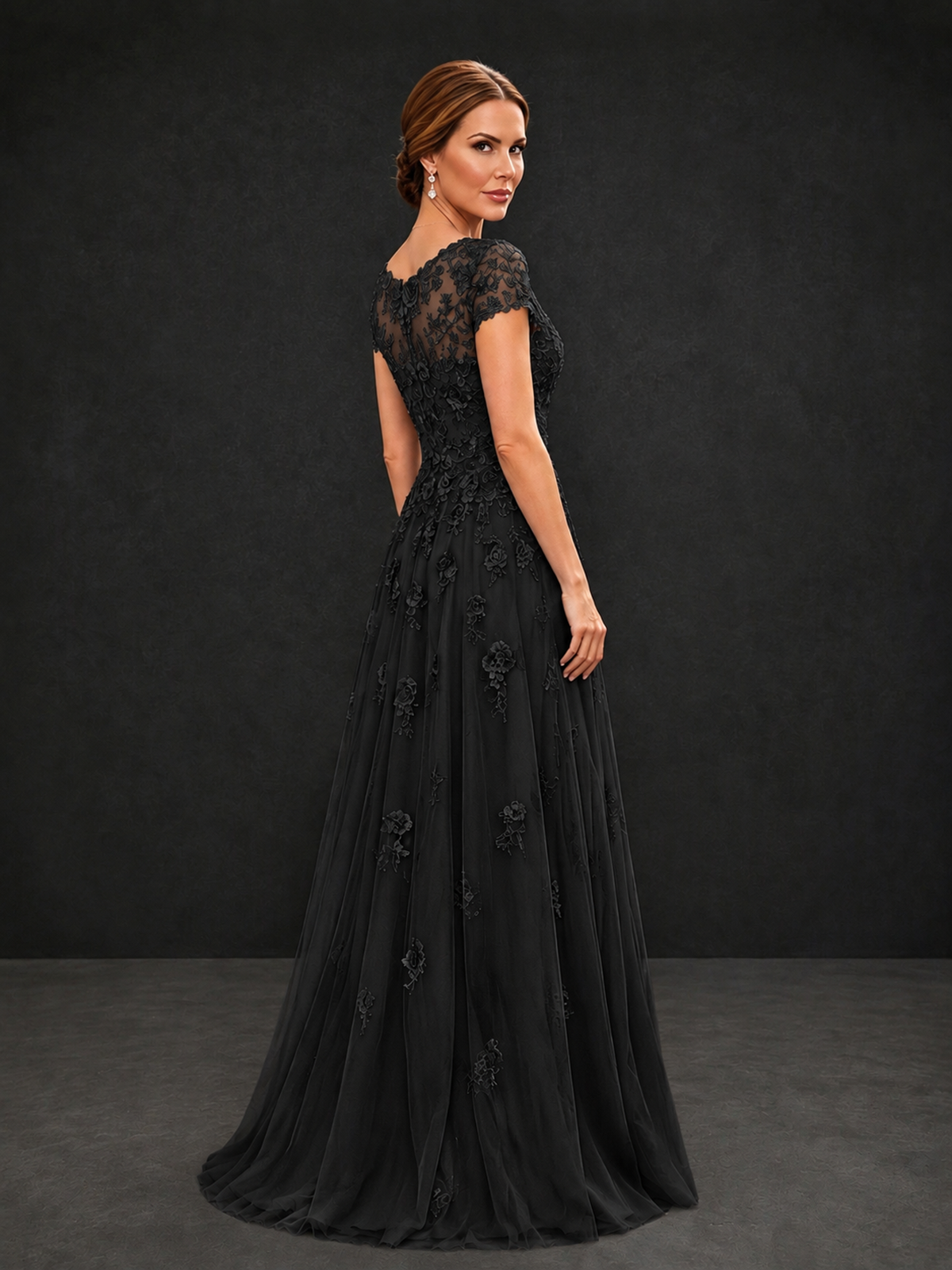 BOLODOO Black Cap Sleeve Lace Appliqué A-Line Formal Gown | Mother of the Bride Dress - Black - Black_2