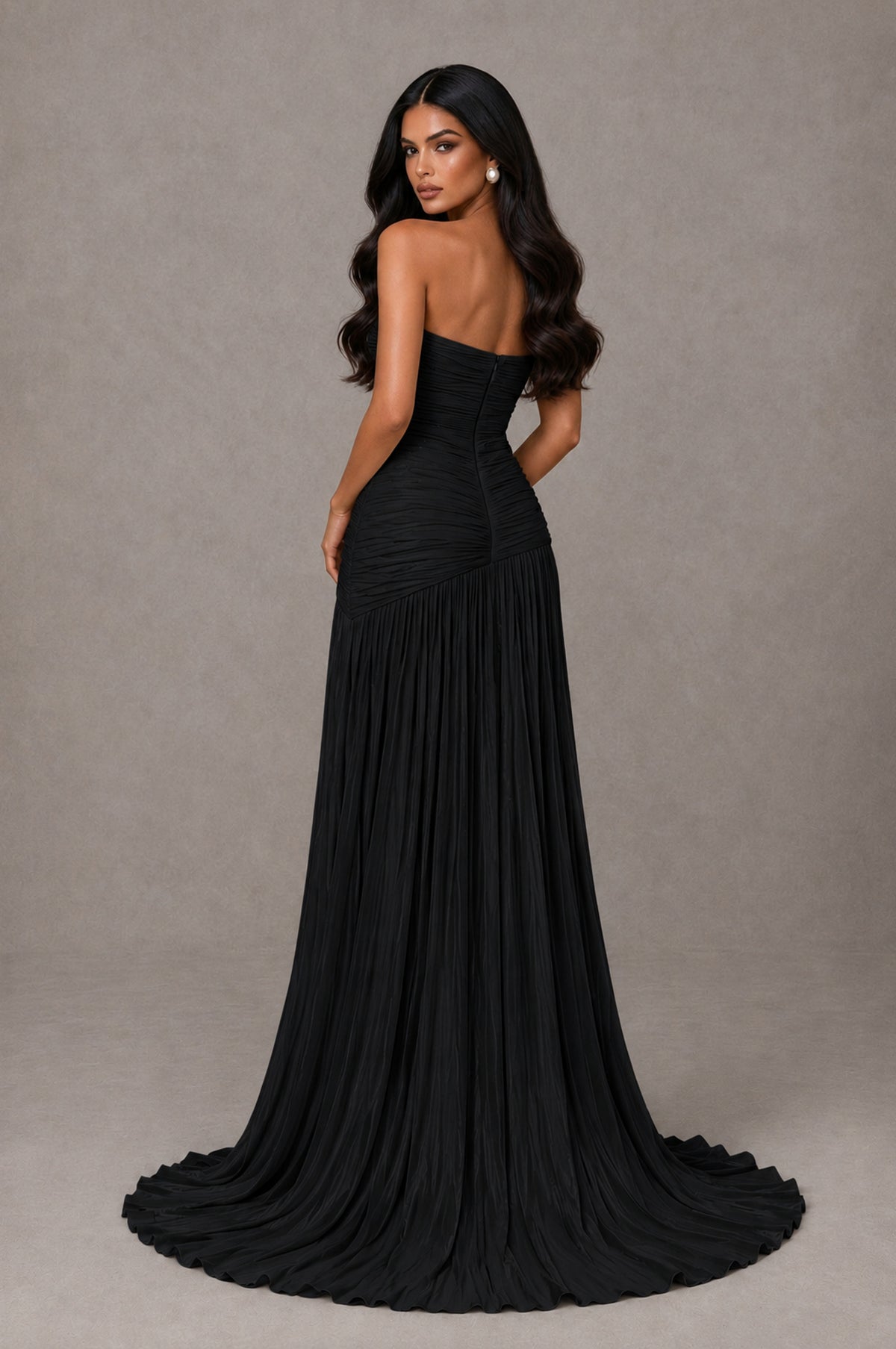 BOLODOO Black Metallic Ruched Strapless Pleated A-Line Backless Maxi Dress with Train - Black - Black_2